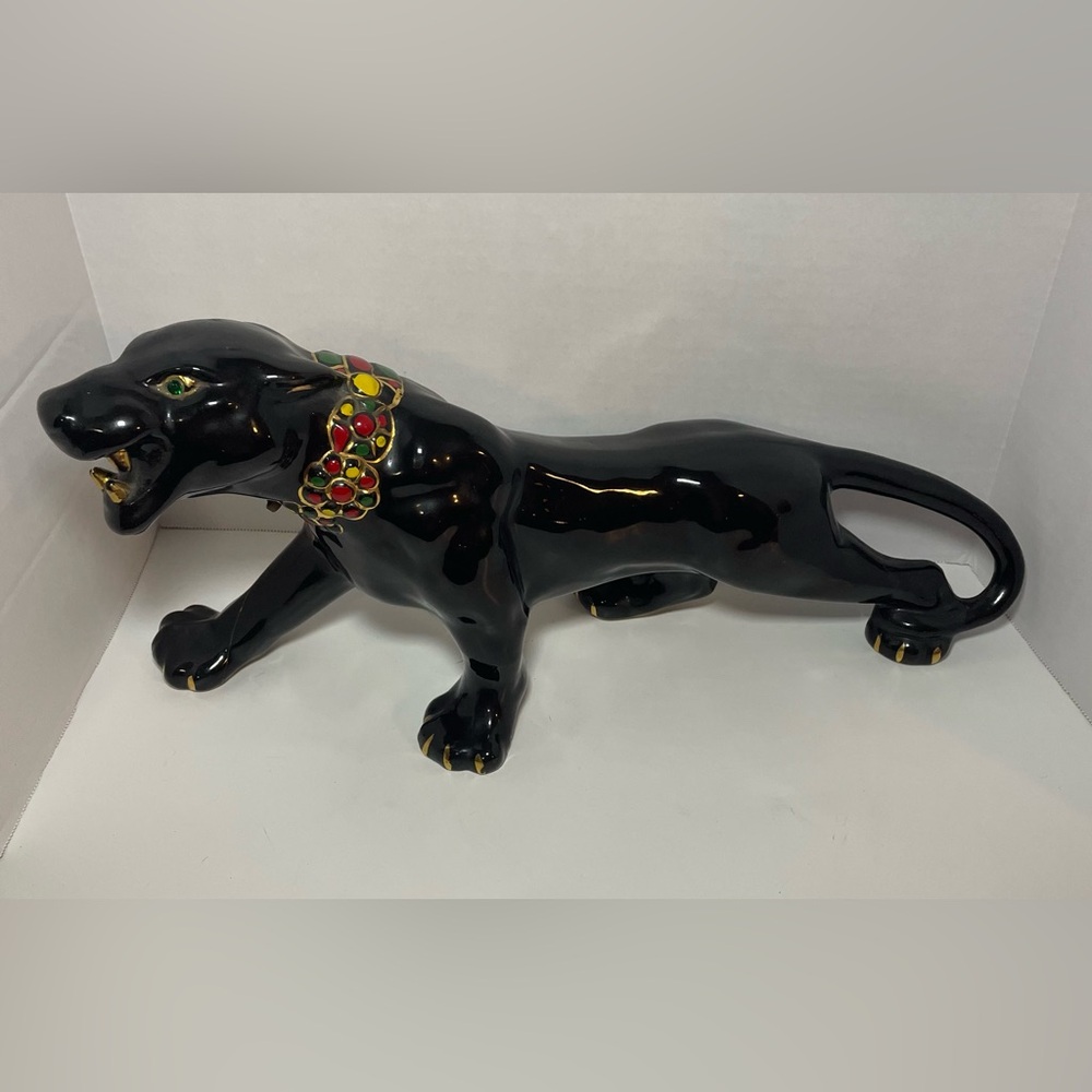 Vintage Black Ceramic Panther with Jewel Green Eyes Painted Necklace